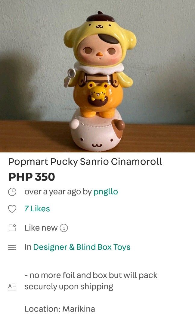 [READ DESCRIPTION MAGBASA] Looking for pucky sanrio popmart chococat, pompompurin, hello kitty priority (Category: Character Goods) located in Angeles City. Submitted by trustsuki (Listing ID 1469750024, Image 2). Description: 100 - 400ea below budget for each figure with the issue is fine as long as not sa front face po.. The 2nd and 3rd pictures are just totga references I'm just trying my luck to get these since sanrio/ Hello Kitty is my first