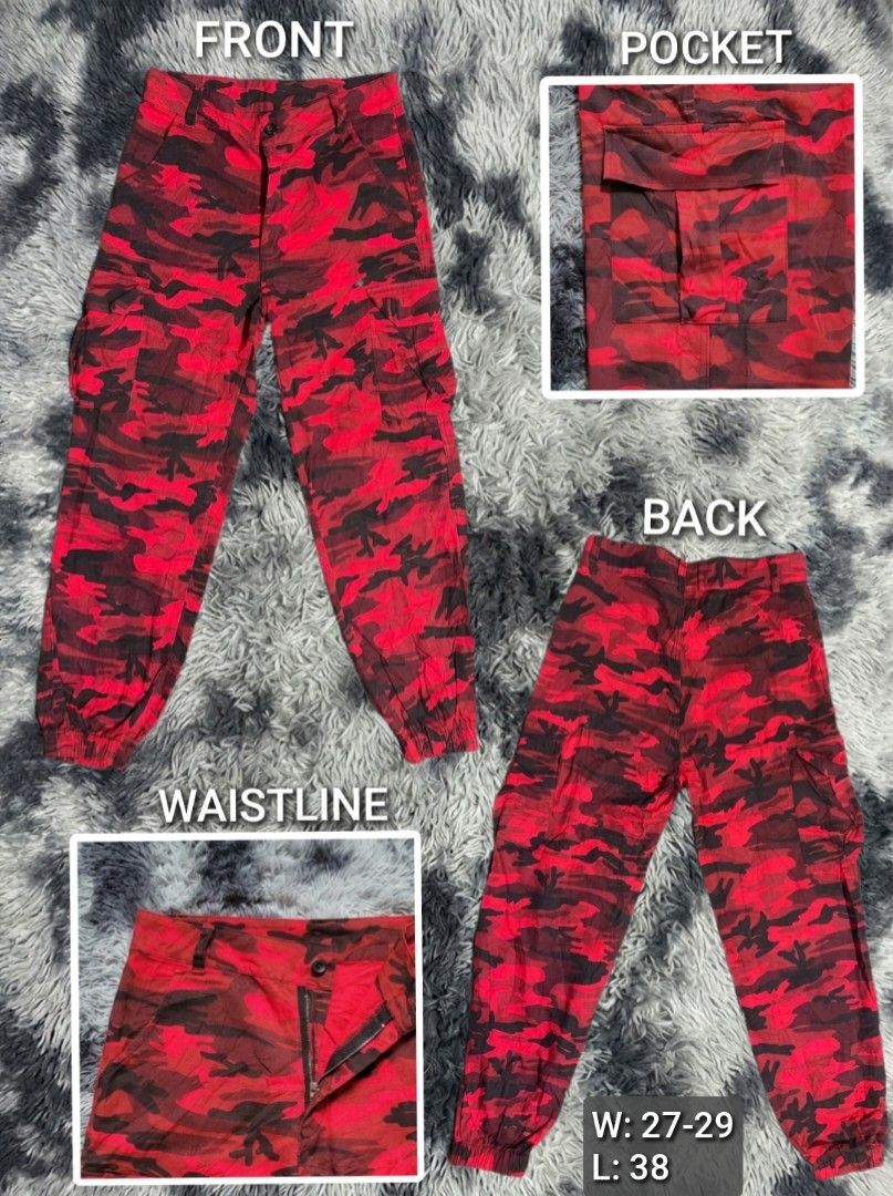Red Camo Cargo Pants Unisex Joggers (Category: Joggers) located in Iloilo. Submitted by remwil18 (Listing ID 1469677826, Image 2). Description: W 27-29 L 38.