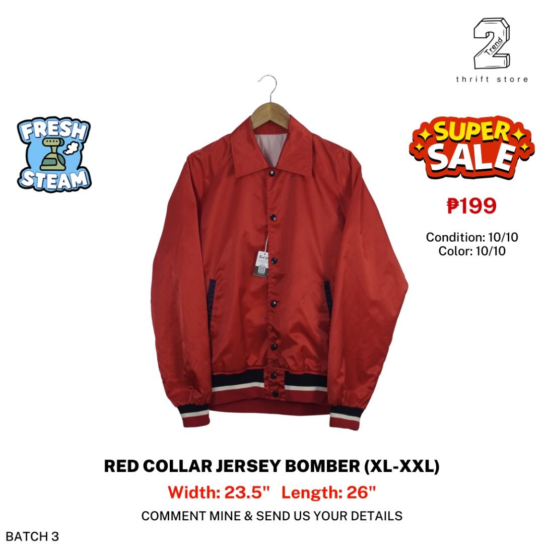 Red Collar Jersey Bomber Jacket Medium Weight (XL-XXL) (Category: Coats, Jackets and Outerwear) located in Marikina City. Submitted by 2trend_thrift (Listing ID 1469722342, Image 1). Description: .