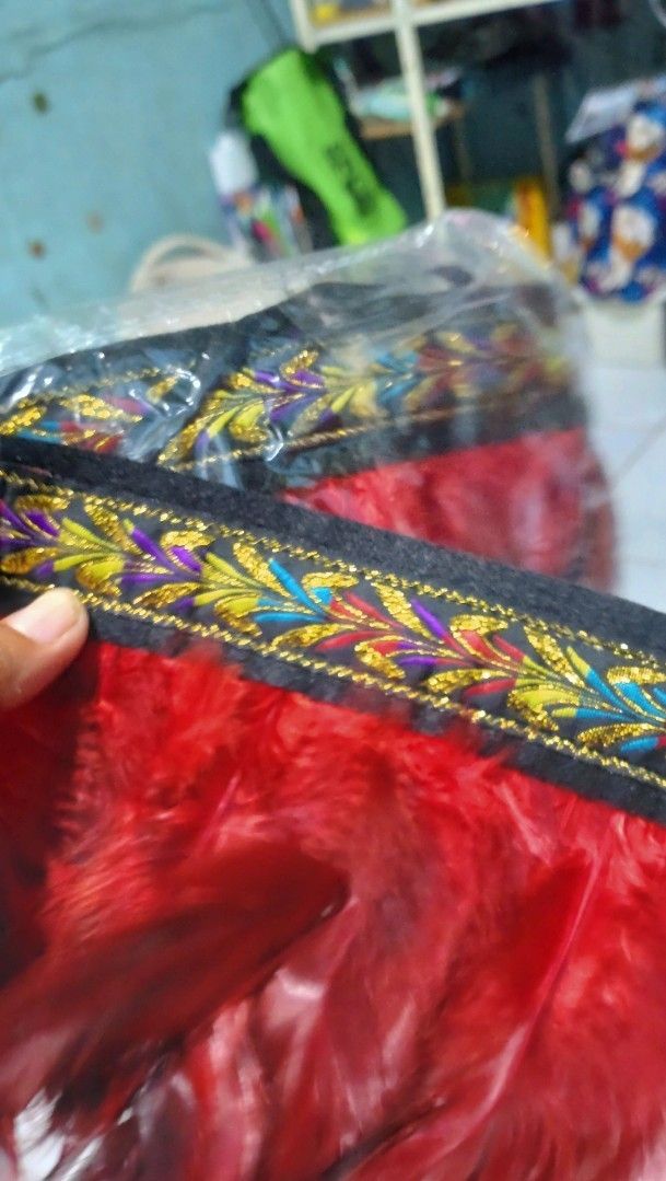 Red feather for hand costume (Category: Hair Accessories) located in Valenzuela. Submitted by diane.35 (Listing ID 1465482622, Image 2). Description: - Color & Material: Bright red fluffy feathers with a black fabric band - Details: Colorful embroidered pattern with elegant gold threading - Condition: Brand new, stored inside protective clear plastic packaging - Best For: Costumes, festivals, dance performances, and parties.