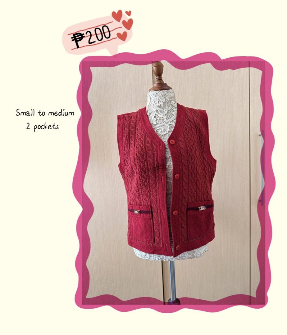 Red knit vest with 2 pockets size small to medium (Category: Sleeveless) located in Makati City. Submitted by kim.016 (Listing ID 1469625112, Image 1). Description: - Color: Vibrant red - Design: Classic cable knit pattern on front and upper back - Closure: Button-down front with matching red buttons - Features: Two front pockets accented with small metal hardware - Fit: Best fits small to medium frames - Style: Great layering piece for chilly da