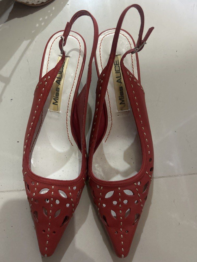 Red pointed toe slingback size 36 (Category: Heels) located in Cavite. Submitted by cecitrifthshop (Listing ID 1469626091, Image 1). Description: a pair of red, pointed-toe slingback high heels featuring a laser-cut or perforated floral miss alice brand good condition size 36 .
