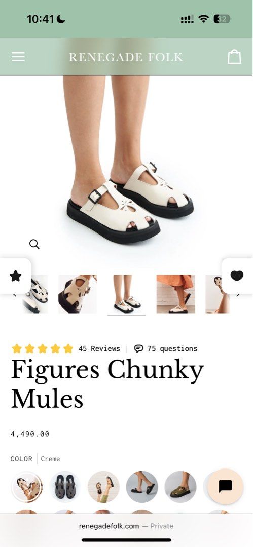 Renegade Folk Figures Chunky Mules Creme Size 7 (Category: Flats & Sandals) located in Manila. Submitted by usedby.sc (Listing ID 1469710807, Image 1). Description: - Brand: Renegade Folk - Style: Figures Chunky Mules - Color: Creme with thick black sole - Size: PH/US 7 - Features: Cutout floral pattern on upper straps, adjustable buckle closure - Condition: Barely used - Inclusions: Original box and receipt (bought straight from the official web