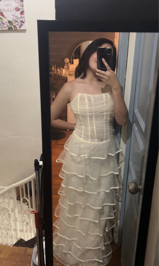 RENT: Cream Ruffle Dress (Category: Dresses) located in Manila. Submitted by nicole.lcn (Listing ID 1469553162, Image 2). Description: 600/ 2 days rent + 100 for Filipiniana Sleeves Loc: Las Piñas City Color: Cream Size: Small Length: 116cm | 45 inches Waist: 68cm | 26 inches Bust: 76cm | 29-30 inches Epbi: nicole (dp same as here) .