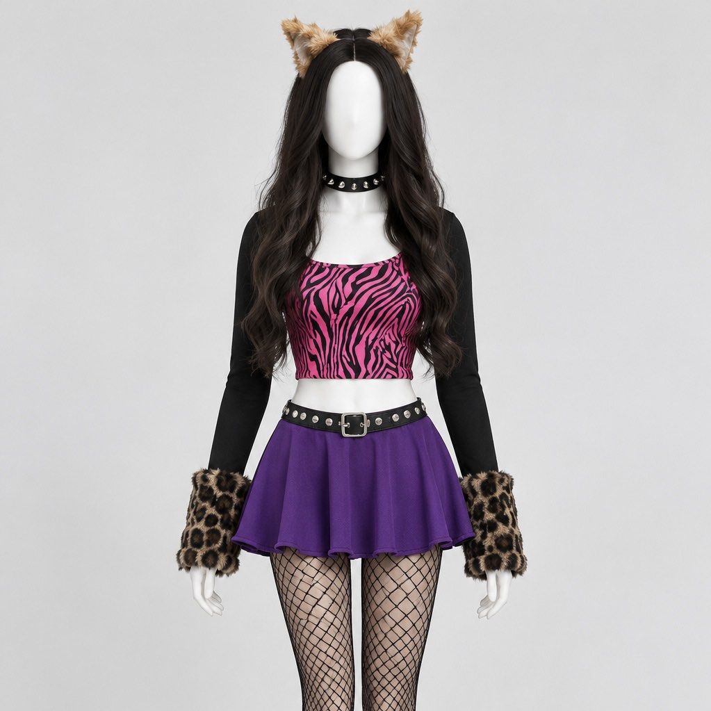 RENT: Monster High Clawdeen Wolf Costume (Category: Sets or Coordinates) located in Manila. Submitted by alexandrasaintmleux (Listing ID 1469721370, Image 1). Description: FOR RENT ONLY!! - Inclusions: zebra crop top, black sleeves with fur, and purple pleated skirt - Accessories included: wig, belt, choker, and wolf ears - if i don’t reply it means im on a reply quota so mssg me on my number instead :).