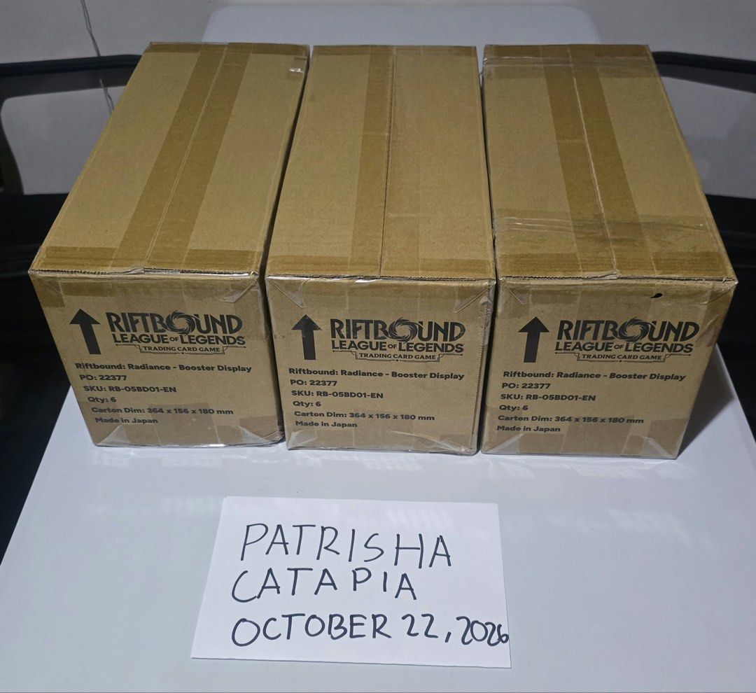 Riftbound Radiance Case (Category: Card Packs) located in Makati City. Submitted by piacatapia (Listing ID 1469722163, Image 1). Description: WTS/LFB Sealed Riftbound BBs and Cases Radiance: 10k per booster box, 60k per case Unleashed: 10k per booster box Negotiable if taking multiple products!! Also have vaults, decks, singles * Los Baños, Laguna Meetups: Makati/BGC/Greenhills this Saturday Shipping available but Lalamove at your own risk..