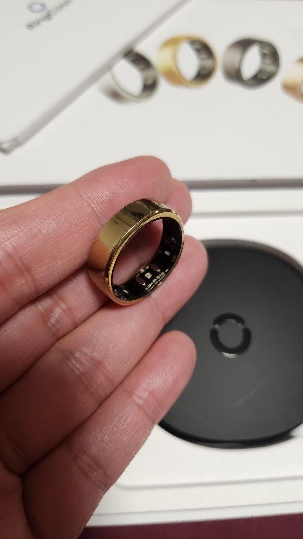 RingConn Smart Ring Royal Gold Gen 2 (Category: Rings) located in Manila. Submitted by jmgco (Listing ID 1469607542, Image 2). Description: - RingConn Smart Ring Gen 2 - Color: Royal Gold Size 11 - Condition: Used good condition - Issue: battery life last only 2 days - Inclusions: Complete set with original packaging, charging case, and cable - Features: Tracks sleep / apnea, activity, and vital signs - pick up at grace park caloocan/potrero mala