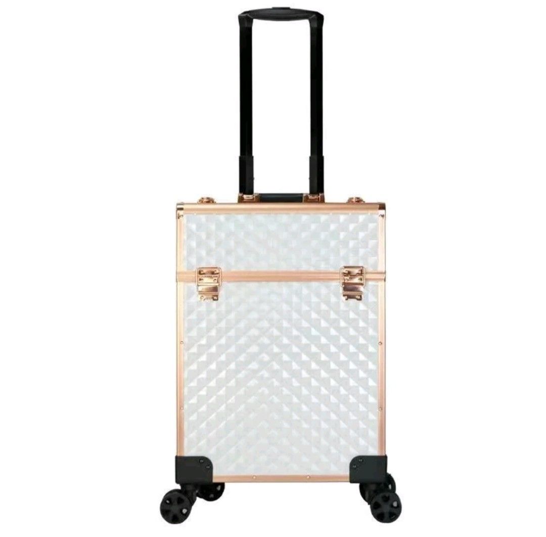 Rolling Makeup Train Case White Diamond Pattern Rose Gold (Category: Luxury Bags & Wallets) located in Manila. Submitted by seraphicshop (Listing ID 1469734139, Image 1). Description: Stylish white rolling makeup case with a chic diamond geometric texture Elegant rose gold color and secure Convenient telescoping handle with a comfortable black grip 4 smooth rolling swivel wheels for effortless mobility Spacious interior with plenty of room for co