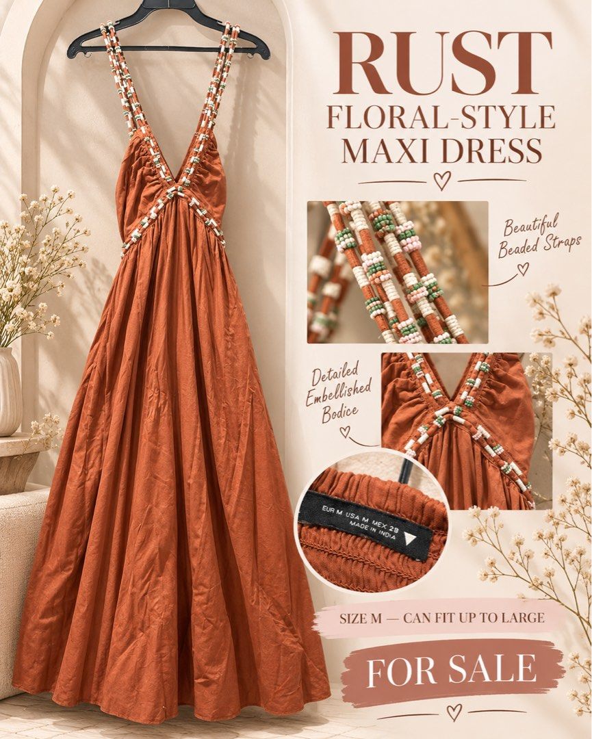 Rust Floral-Style Maxi Dress Size M (Category: Dresses) located in Quezon City. Submitted by ktine01 (Listing ID 1469723917, Image 1). Description: - Color: Rust - Size: Medium (fits up to Large comfortably) - Design: Stunning beaded straps and detailed embellished bodice - Fit: Flowy, breezy style perfect for warm days - Origin: Made in India - Condition: Great find, grab it before it's gone!.