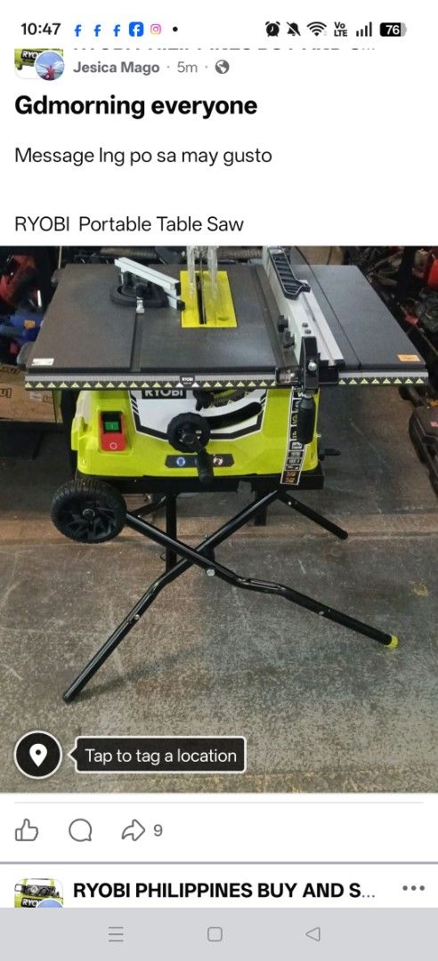 RYOBI Portable Table Saw with Rolling Stand (Category: Construction Tools & Equipment) located in Manila. Submitted by jesicahmrsantarosa (Listing ID 1469593030, Image 1). Description: - Brand: RYOBI Portable Table Saw - Color: Bright lime green and black housing - Stand: Heavy-duty folding stand with built-in wheels for easy transport - Included Accessories: Rip fence, miter gauge, and blade guard - Controls: Clear green (on) and red (off) push-