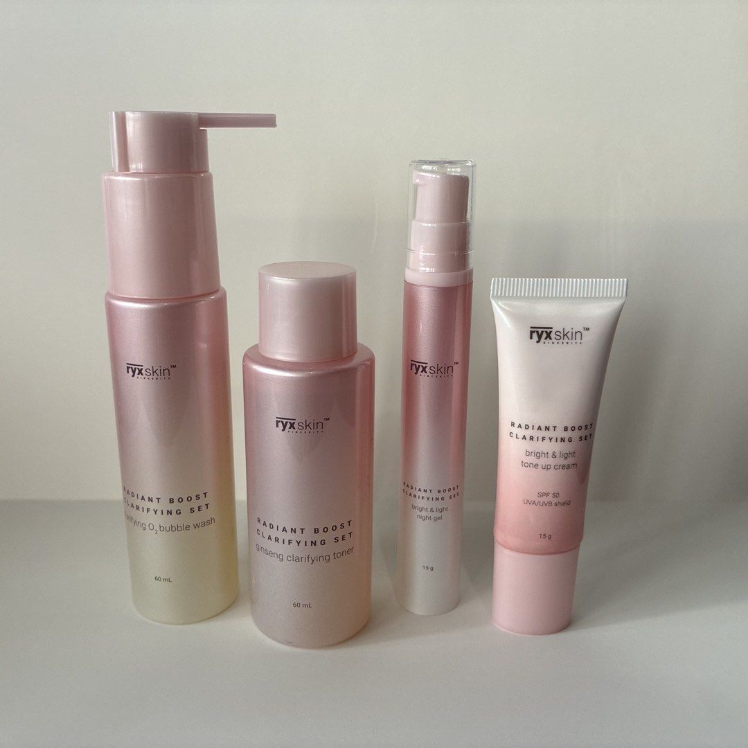 Ryx Skin Radiant Boost Clarifying Set (Category: Face Care) located in Manila. Submitted by sellingmystufffff (Listing ID 1469634987, Image 1). Description: •Almost new pa •Toner, Day Cream, Night Gel — once lang nagamit lahat •Facial Wash — 95% full pa •Expiration Date — August 2027 •Rfs— Hindi sakin hiyang •Actual photos posted.