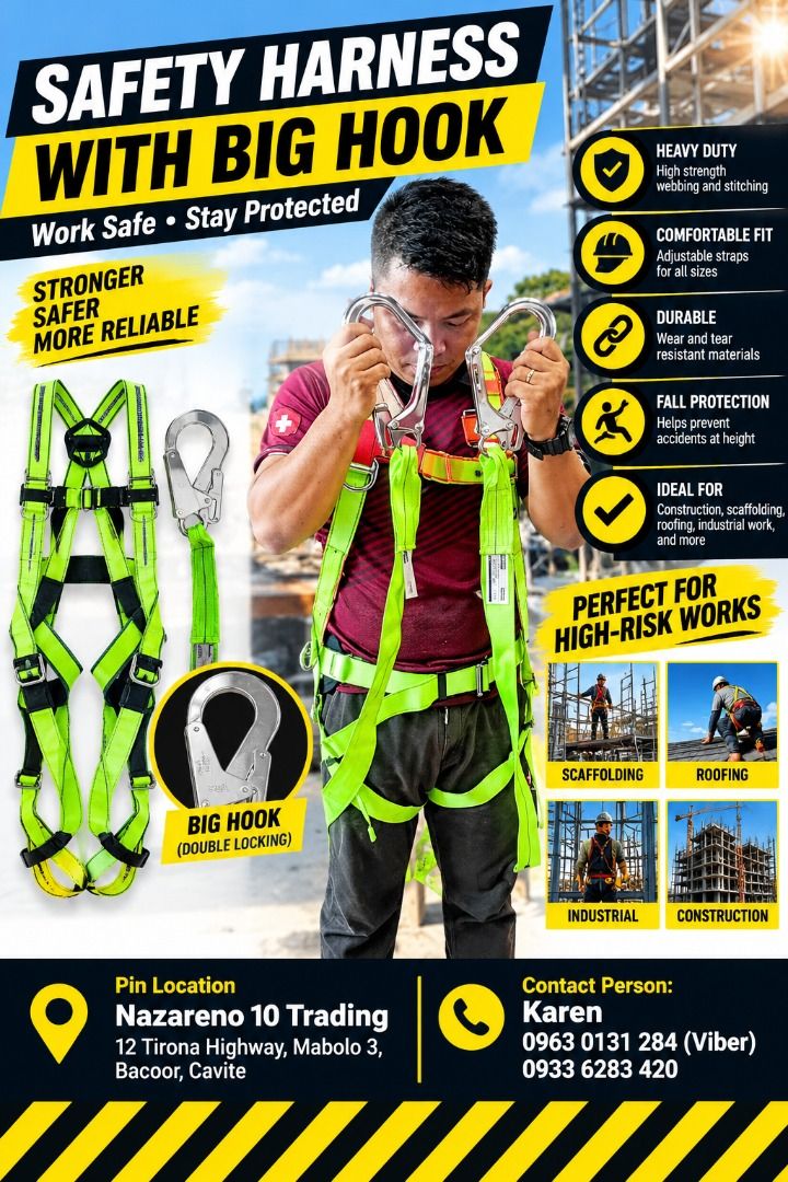 Safety Harness with Big Hook (Category: Looking For) located in Bacoor. Submitted by kajezame.2021 (Listing ID 1469591016, Image 1). Description: Safety Harness with Big Hook For More Details and Discount Contact Ms. Karen NAZARENO 10 TRADING 0963 0131 284 0933 6283 420 0956 7028 557 0933 8559 510 Landline: Look for Ms. Karen (046 ) 416 3920 Also available: • Traffic cone • Parking Block stopper • Hooded trash bin • Road Plastic Barrier • Spill b