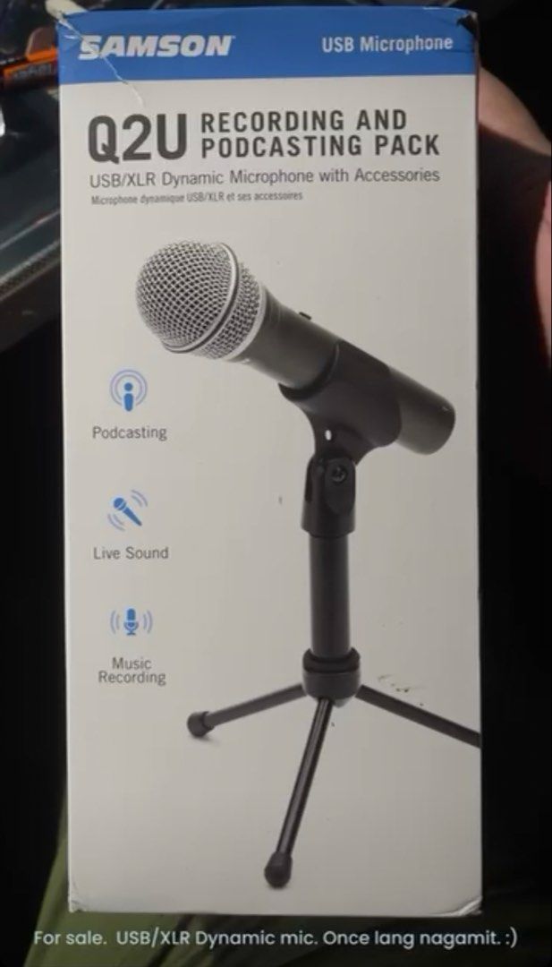 Samson Q2U Recording And Podcasting Pack USB Microphone (Category: Microphones) located in Antipolo. Submitted by iamredx (Listing ID 1469718114, Image 1). Description: - Product: Samson Q2U USB/XLR Dynamic Microphone - Condition: Like new (used only once) - Best for: Podcasting, live sound, and music recording - Inclusions: Tripod stand, accessories, and original box - Reason for selling: Decluttering / upgrading gear.