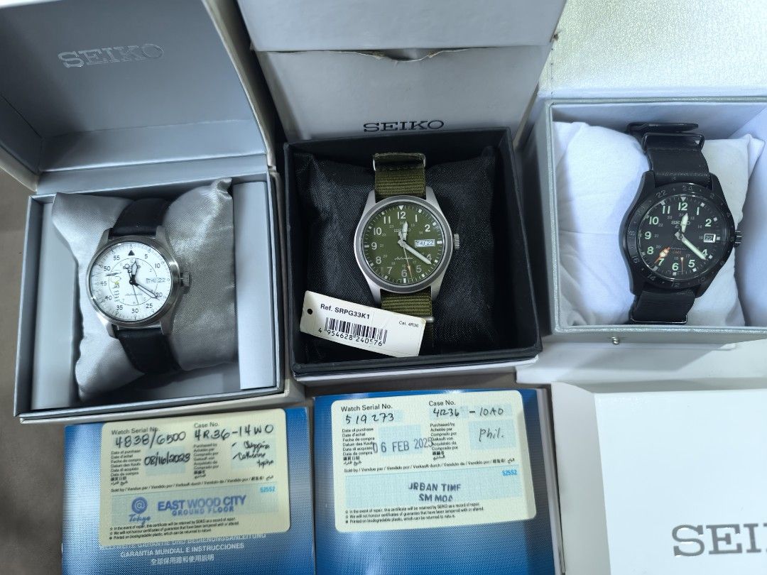 Seiko Watches (Category: Men's Watches) located in Iriga City. Submitted by chris569 (Listing ID 1469616578, Image 1). Description: FOR SALE❗❗ Pre-owned Seiko watches automatic Limited edition Seiko SRPK27K white dial All original parts 4r36 automatic movement 36mm case diameter with replacement orig Seiko box, manual and card Seiko Field watch SRPG33K green dial All original parts 4r36 automatic movement 39mm case diameter Complete inclusions Se