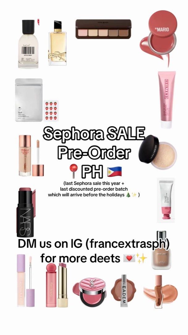 Sephora SALE 2026 (Category: Announcements) located in Taguig. Submitted by francextrasph (Listing ID 1469718672, Image 1). Description: check our lG (francextrasph) for the discounted prices of the items 💕.