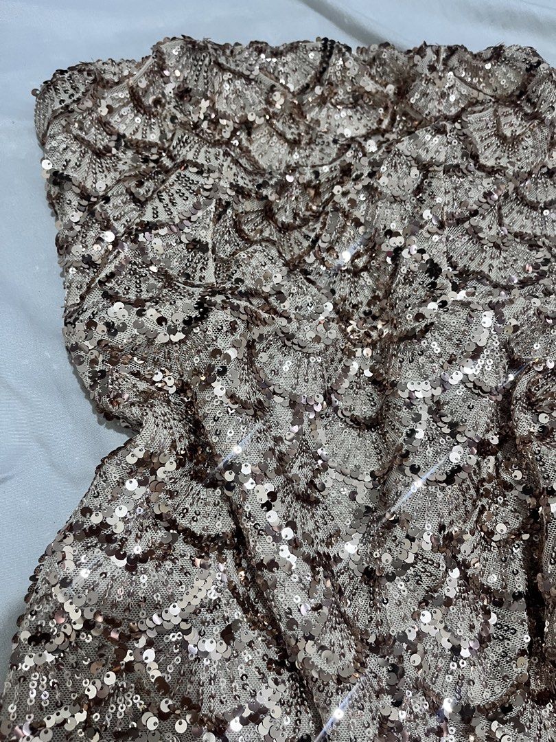 Sequin Champagne Fitted Dress (Category: Dresses) located in Marikina City. Submitted by gyuslover (Listing ID 1469714703, Image 2). Description: Super sparkly! Only used once for a photoshoot this month Size: Small Mop: Gcash Mod: lalamove/gogo express.
