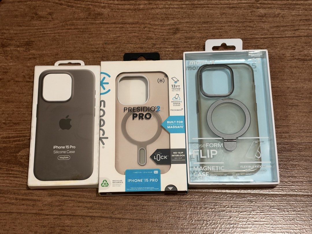 [SET] iPhone 15 Cases - Speck, Momax, Apple (Category: Cases & Sleeves) located in Las Pinas. Submitted by futurebound (Listing ID 1469582185, Image 1). Description: Sold as set - iPhone 15 Pro Apple Silicone Case - iPhone 15 Pro Speck Presidio 2 Pro (With Click Lock) - iPhone 15 Pro Momax Caseform Flip All cases have signs of use. Can provide pictures for those interested. Will include other cases as freebie RFS: Upgraded.