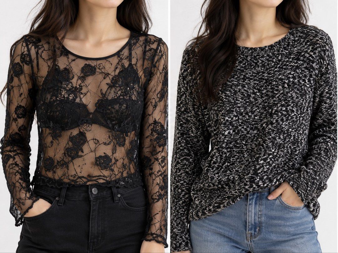 Sheer Mesh Top + Knitted Longsleeves (Category: Others Tops) located in Muntinlupa City. Submitted by cocofinds023 (Listing ID 1469592806, Image 1). Description: Size : stretchable ~L.