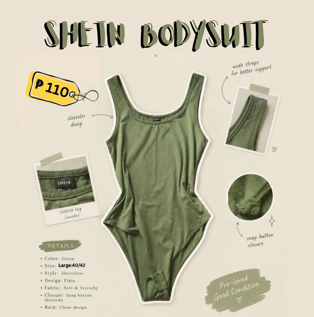 SHEIN GREEN BODYSUIT — ₱ 110🌿 (Category: Bikinis & Swimsuits) located in Manila. Submitted by _uniefinds (Listing ID 1469756866, Image 1). Description: ౨ৎ SHEIN BODYSUIT ♡ Brand: SHEIN ♡ Color: Sage Green ♡ Design: Simple, plain, and minimalist ♡ Closure: Snap-button bottom 𐙚 DETAILS: Please see photos for the actual item and details. 𐙚 PRICE: ₱ 110 𐙚 MOP: GCash / Maya 𐙚 MOD: J&T / Lalamove 𐙚 SF: Shouldered by the buyer ୨ৎ DM me if interest