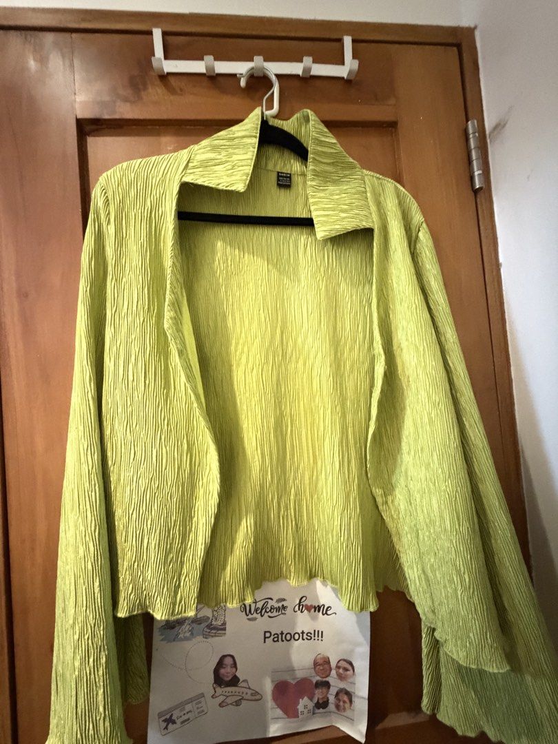 70s top flared Shein Lime Green Crinkled Blouse Button Down (Category: Blouses) located in Manila. Submitted by happymelona (Listing ID 1469690118, Image 2). Description: - Brand: Shein - Color: Vibrant lime green - Style: Collared button-down blouse with long sleeves - Fit: Relaxed fit, lightweight, and comfy fabric - Detail: Crinkled texture throughout - Condition: Excellent / Pre-loved (ready to wear) - Perfect pop of color for casual days, wo