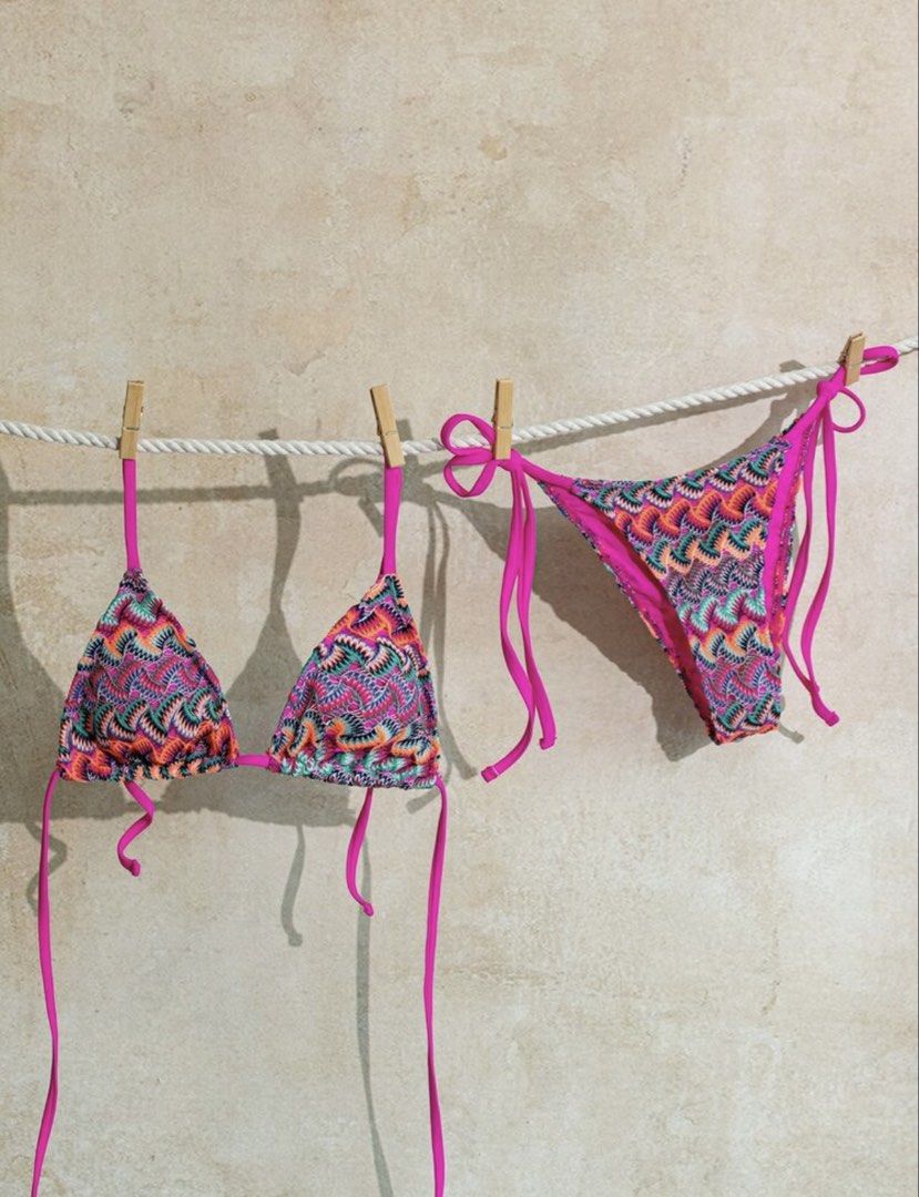 Shein Pink patterned triangle bikini set with side ties (Category: Bikinis & Swimsuits) located in Cainta. Submitted by lovecalluengg (Listing ID 1469600173, Image 2). Description: Used once only.
