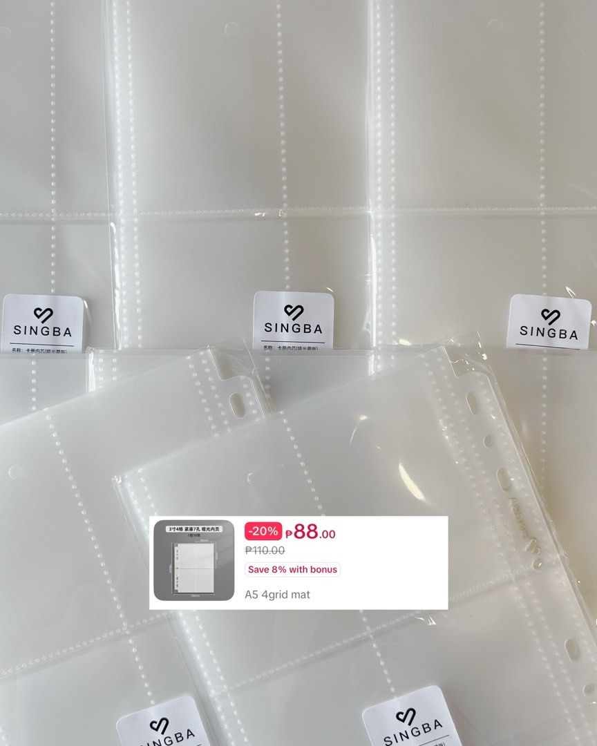SINGBA UNUSED MATTE BINDER PAGES (Category: K-Wave Merchandise) located in Manila. Submitted by 3z6lia (Listing ID 1469618951, Image 1). Description: 💌 wts lfb ph — unused singba matte sleeves 🏷️ ₱60 ea | ₱50 if more than 1 onhand rfs: will switch to clear sa hyung binder # bts binder A5 binder onhand ph wts lfb pcs pc photocards kpop binder pcs.