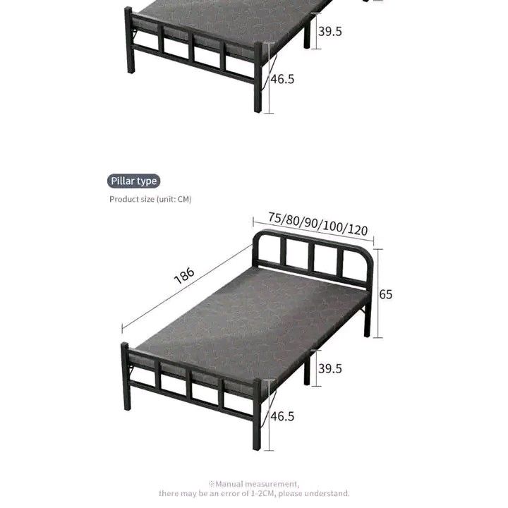 Single Metal Bed Frame with Mattress Platform (Category: Bed Frames & Mattresses) located in Quezon City. Submitted by marecel146 (Listing ID 1469587145, Image 1). Description: - Sturdy and minimalist black metal bed frame - Built-in mattress platform with stable pillar-type legs - Length: 186 cm | Available widths: 75 to 120 cm - Headboard height: 65 cm | Total height: 46.5 cm - Spacious 39.5 cm under-bed clearance for storage - Perfect for comp