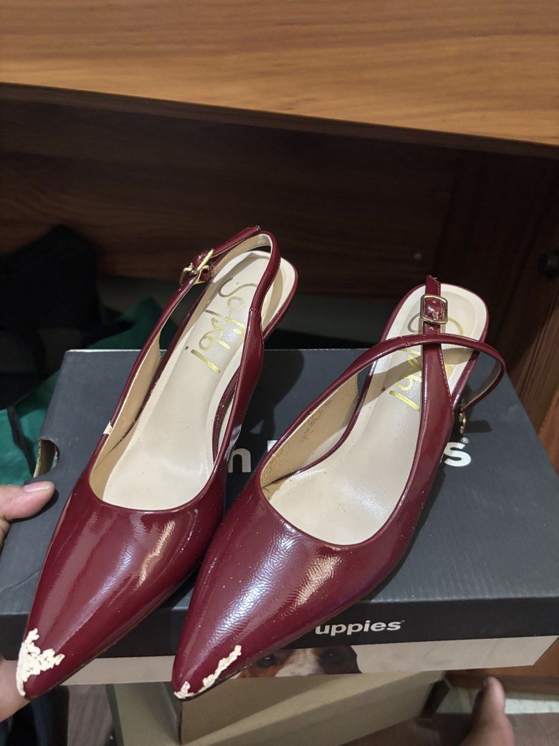 Sofab! Burgundy Slingback Heels Size 36 (Category: Heels) located in Manila. Submitted by elyxbns (Listing ID 1469618992, Image 1). Description: - Brand: Sofab! - Style: Burgundy slingback heels with pointed toe, slim heels, and adjustable buckle strap - Size: 36 (stamped on sole) - Flaws: Noticeable scuffing and peeling on the front tip of the left shoe; soles show normal wear from use - Mode of Transaction: Shipping or Meet-up available - Price