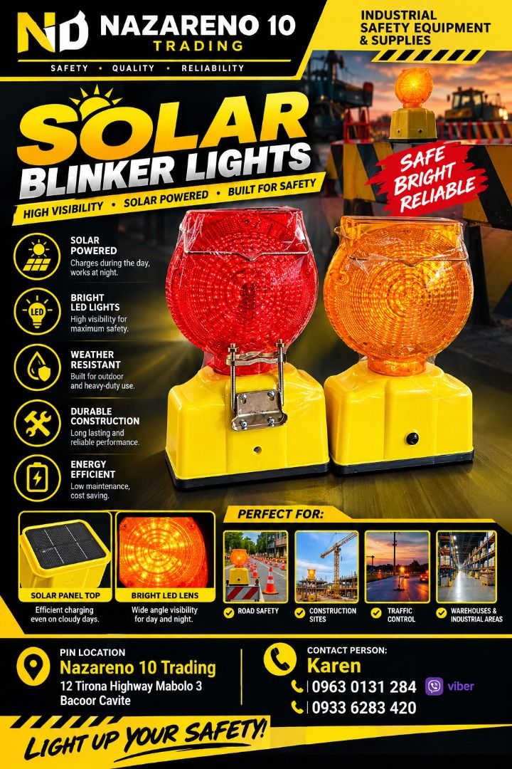 SOLAR BLINKER LIGHTS WITH CLAMP (Category: Looking For) located in Bacoor. Submitted by kajezame.2021 (Listing ID 1469630285, Image 1). Description: SOLAR BLINKER LIGHTS WITH CLAMP For More Details and Discount Contact Ms. Karen NAZARENO 10 TRADING 0963 0131 284 0933 6283 420 0956 7028 557 0933 8559 510 Landline: Look for Ms. Karen (046 ) 416 3920 Also available: • Traffic cone • Parking Block stopper • Hooded trash bin • Road Plastic Barrier • S
