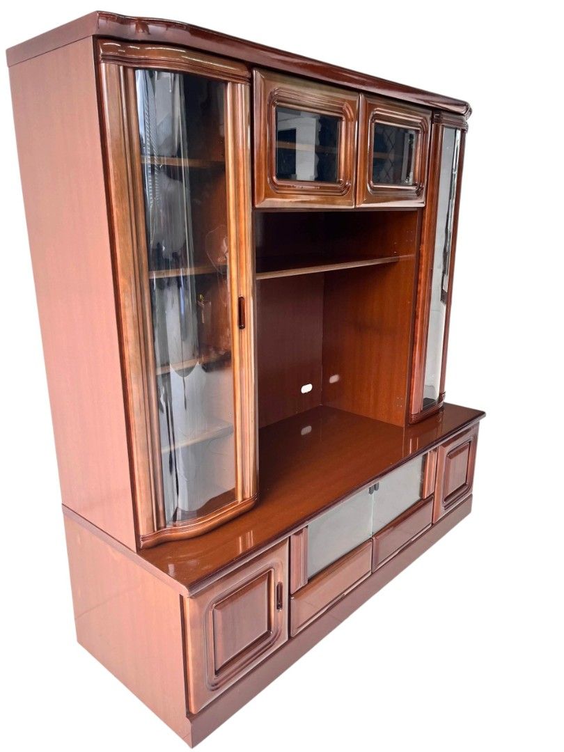 Solid Wood TV Board & Display Cabinet (Category: Shelves, Cabinets & Racks) located in Mexico. Submitted by mgracejapansurplus (Listing ID 1469569279, Image 2). Description: NEW ARRIVAL 🔥 JAPAN SURPLUS Solid Wood TV Board & Display Cabinet - Material: Premium solid wood, heavy & sturdy build - Finish: Elegant glossy dark brown, classic timeless design - Features: Tempered glass doors, open TV compartment, display shelves, drawers at the bottom -