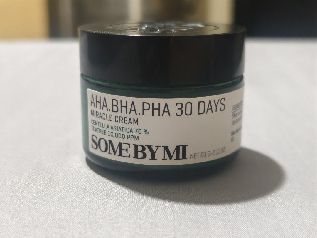SOME BY MI AHA BHA PHA 30 Days Miracle Cream (Category: Face Care) located in Manila. Submitted by cleverdeer_e2f36c (Listing ID 1469610590, Image 1). Description: - Product: Some By Mi AHA-BHA-PHA 30 Days Miracle Cream - Size: 60g jar (Brand new, sealed, never opened) - Key Ingredients: AHA, BHA, PHA, Centella Asiatica, & Tea Tree Extract - Benefits: Targets acne, blemishes, and improves skin texture - Reason for selling: Clearing out extra back