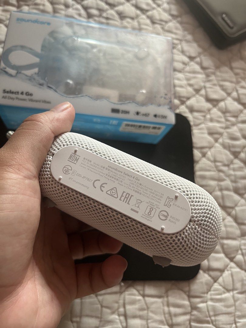 Soundcore Select 4 Go Portable Bluetooth Speaker (Category: Soundbars, Speakers & Amplifiers) located in Manila. Submitted by tevesluck46584 (Listing ID 1469622883, Image 3). Description: - Model: Soundcore Select 4 Go Portable Speaker - Color: White (includes matching carrying strap) - Audio: Powerful 5W sound output - Battery Life: Up to 20 hours on a single charge - Durability: IP67 waterproof and dustproof build, ideal for outdoor adventures 