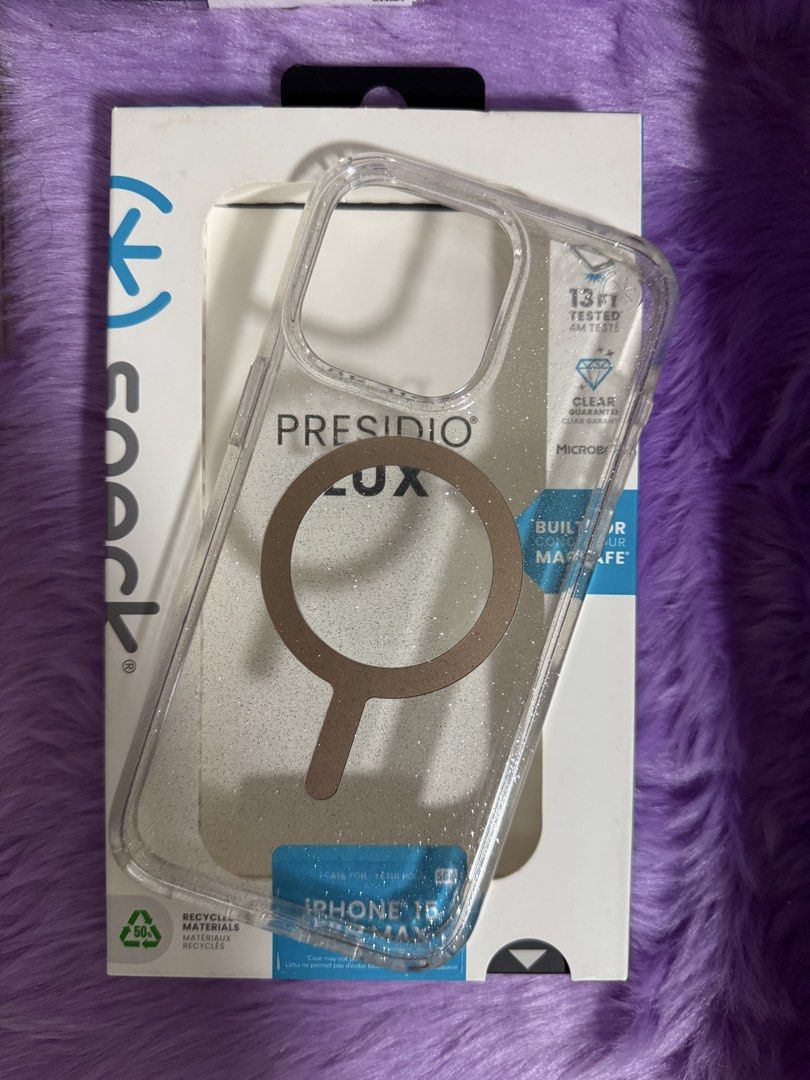 Speck Presidio Lux Glittery 15 PRO MAX HARD CASE (Category: Cases & Sleeves) located in Cavite. Submitted by araja____7 (Listing ID 1469657606, Image 2). Description: - Brand: Speck - Model: Presidio Lux Glittery Hard Case - Compatibility: iPhone 15 Pro Max - Features: Built-in MagSafe, 13 ft. drop tested, clear glittery design, Microban antimicrobial protection - Material: Recycled materials - Condition: Brand new in original packaging.