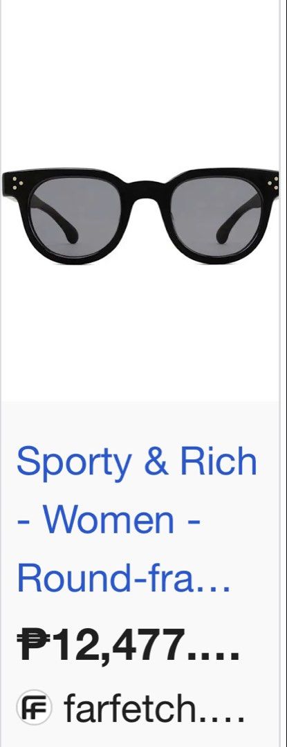 Sporty & Rich Round-Frame Sunglasses Black (Category: Sunglasses & Eyewear) located in Quezon City. Submitted by Zandee (Listing ID 1469620170, Image 2). Description: - Brand: Sporty & Rich - Style: Round-frame sunglasses in classic black acetate - Lenses: Dark lenses with subtle gold-tone hardware on temples and hinges - Condition: Brand new / Never worn out, kept safely in case - Inclusions: Original dark green branded storage box.