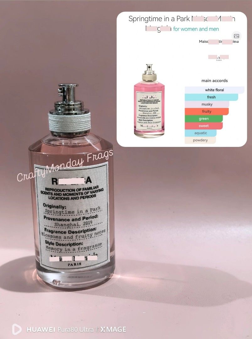 SPRINGTIME IN A PARK 100ML (Category: Fragrance & Deodorants) located in Makati City. Submitted by craftymondayfrags (Listing ID 1469708257, Image 1). Description: Maison Margiela Replica SPRINGTIME IN A PARK 100ML EDT Unsealed. Box with water stain.