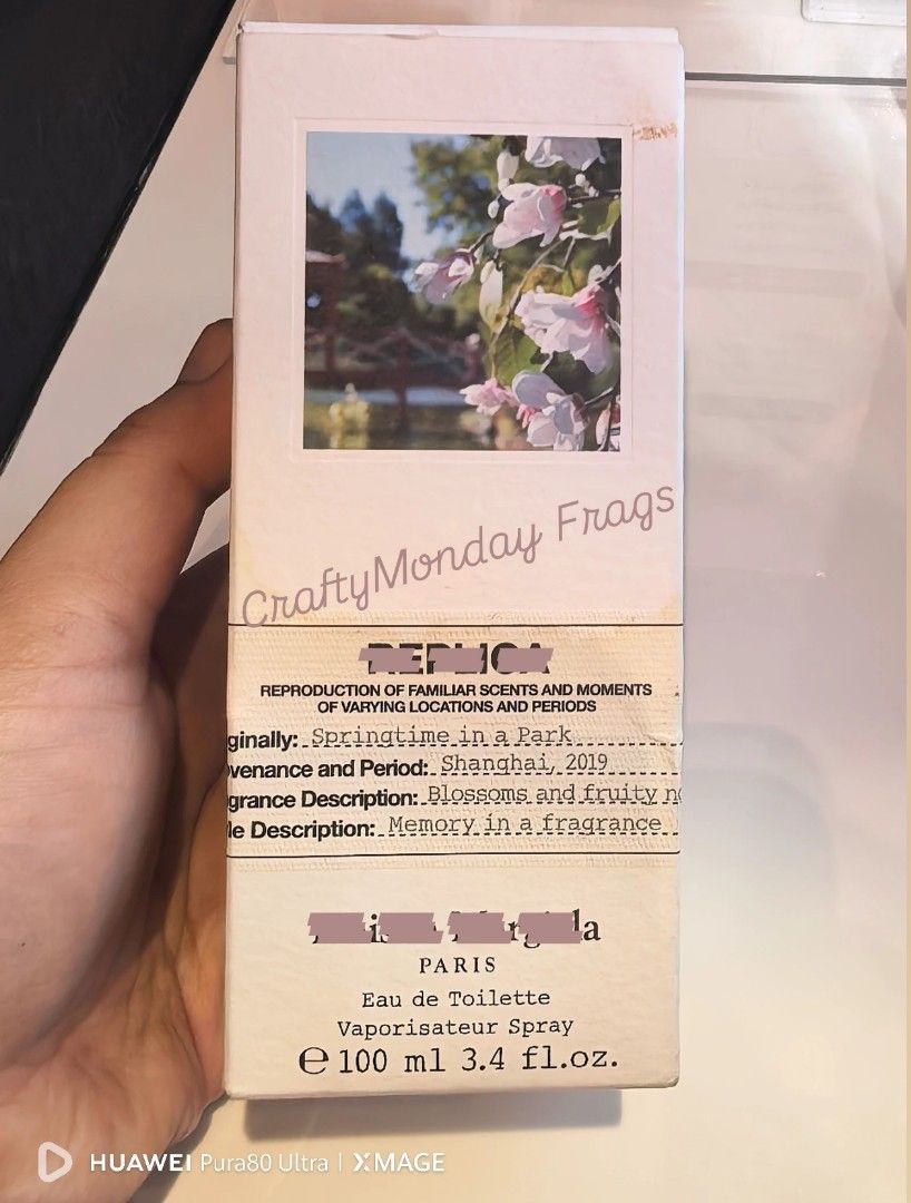 SPRINGTIME IN A PARK 100ML (Category: Fragrance & Deodorants) located in Makati City. Submitted by craftymondayfrags (Listing ID 1469708257, Image 2). Description: Maison Margiela Replica SPRINGTIME IN A PARK 100ML EDT Unsealed. Box with water stain.