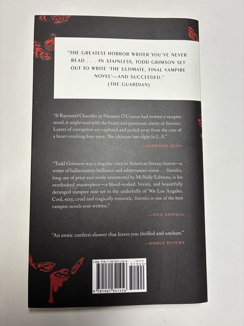 Stainless by Todd Grimson (McNally Editions) (Category: Storybooks) located in Manila. Submitted by ellacortezzz (Listing ID 1469601527, Image 2). Description: - Title: Stainless by Todd Grimson - Edition: McNally Editions #45 (Paperback) - Genre: 90s Los Angeles vampire noir / Horror / Dark fiction - Acclaimed by: James Ellroy, The Guardian, and Kirkus Reviews - Condition: Clean pages, solid spine.