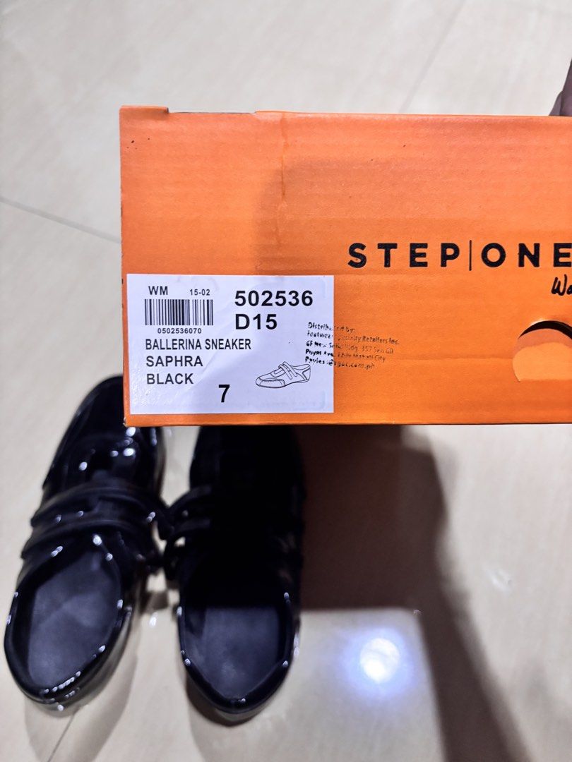 Step One Saphra Ballerina Sneaker Black Size 7 (Category: Sneakers) located in Manila. Submitted by nkkyr (Listing ID 1469685576, Image 3). Description: - Brand: Step One - Model: Saphra Ballerina Sneakers - Color: Black with patent finish - Size: Women's US 7 - Closure: Double hook-and-loop velcro straps - Condition: Brand new, never worn outside (stored in box) - Cleanliness: Immaculate insoles and outsoles - Packaging: Original orange shoebox 