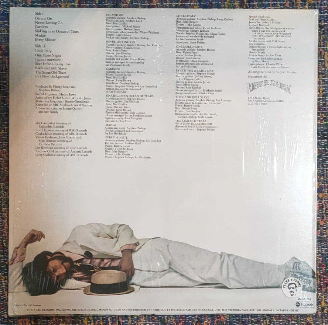 Stephen Bishop - Careless LP Vinyl Record (Category: Vinyls) located in Quezon City. Submitted by plaka.o.plomo (Listing ID 1469612183, Image 2). Description: Artist(s) : Stephen Bishop Album : Careless Year : 1976 Media : VG+ Color : Black Sleeve : VG+ No. : 1x Vinyl Size : 12" RPM : 33 Country : Canada Catalog No. : 9022-954 Tracklist : - Side A 1. On And On 3:00 2. Never Letting Go 3:45 3. Careless 3:42 4. Sinking In An Ocean Of Tears 3:08 5. 