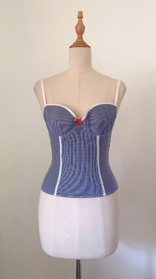 striped navy blue corset (Category: Sleeveless) located in Taguig. Submitted by esquepade (Listing ID 1469731150, Image 1). Description: size — small to medium bust: 34"B details — • spandex fabric • padded & underwired • adjustable straps.