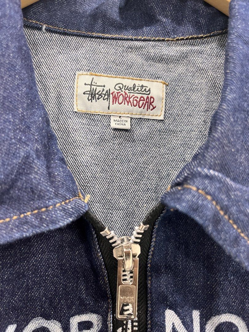 Stussy Quality Workgear Denim Zip Jacket (Category: Coats, Jackets and Outerwear) located in Manila. Submitted by style_hoods (Listing ID 1469624960, Image 2). Description: - Brand: Stussy Quality Workgear - Style: Denim jacket with all-over global city print (New York, Los Angeles, Tokyo, London, Paris) - Color: Dark blue with contrast stitching - Size: Large - Closure: Full front YKK metal zipper - Pockets: Left chest pocket with button flap - 