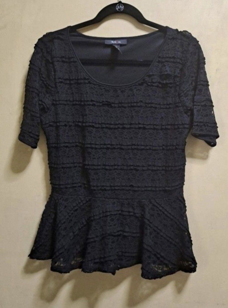 Style & Co. Black Lace Blouse (Category: Blouses) located in Manila. Submitted by thrifter_lifestyle (Listing ID 1469581656, Image 1). Description: Brand: Style & Co. (bought in the US) Lace material, black lining in torso area Short Sleeves Flares at the bottom (see close up photo) Material: as indicated in tag, light stretch from spandex No issues 😀 RFS: no longer fits me, no worn photos..