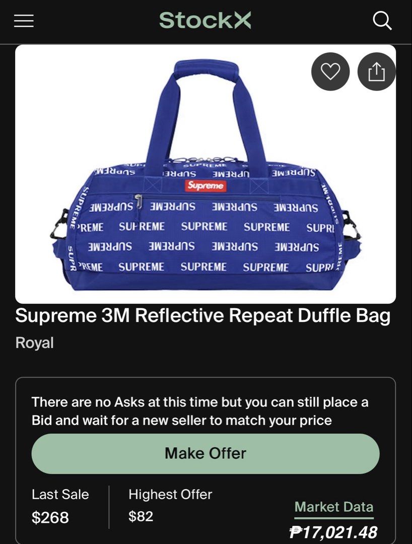 SUPREME 3M Reflective Repeat Dufflebag (Category: Sling Bags) located in Bauang. Submitted by thriftypockets92 (Listing ID 1469709482, Image 3). Description: .