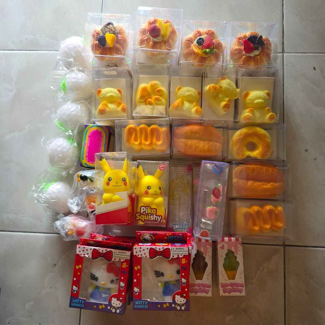Take all squishy - bundle 2 - 41 pcs (Category: Kids Toys) located in Quezon City. Submitted by orangeypop (Listing ID 1469681086, Image 1). Description: Bundle 2 3 cake roll squishy 5 color changing strawberry 14 bread squishy 3 water bottle squishy 1 gummy bear squishy 5 crunchy pikachu 2 crunchy ice cream 8 hello kitty squishy Total 41 pcs All for P5000.