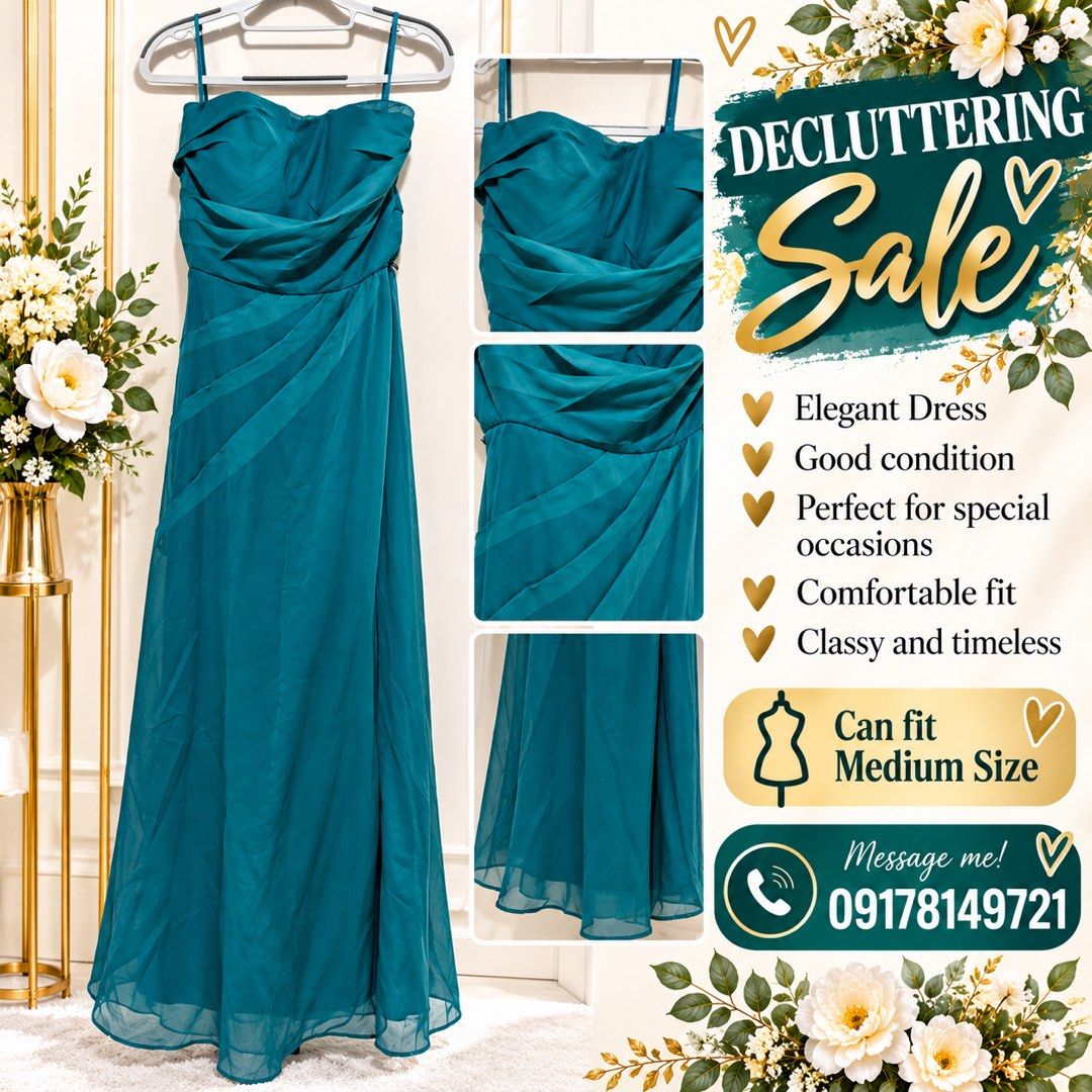 Teal Spaghetti Strap Maxi Dress Medium Size (Category: Dresses) located in Binan City. Submitted by meanmagolariza (Listing ID 1469749023, Image 1). Description: - Color: Teal Green - Style: Formal long dress with spaghetti straps and sweetheart neckline - Design Details: Draped fabric across the bust and a subtle side slit - Fit: Comfortable for a medium frame - Occasion: Perfect for formal gatherings and special events - Contact: Text 091781497