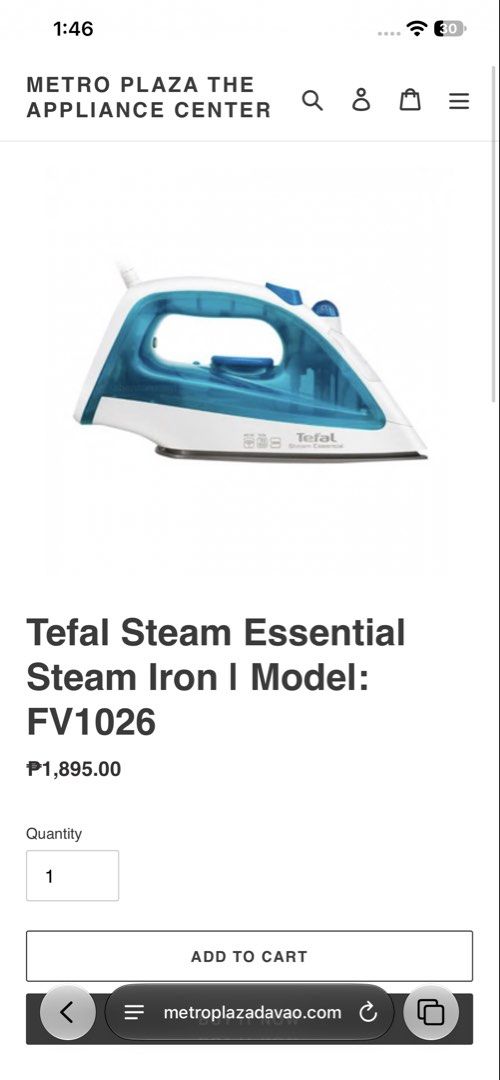Tefal Steam Essential Iron (Category: Irons & Steamers) located in Dasmarinas. Submitted by ajmendoza4 (Listing ID 1469619903, Image 2). Description: Brand new/Unused for only 1,400 php Original Price 1.900 php - Brand: Tefal Steam Essential Iron (white & blue) - Condition: Excellent, comes with original box - Soleplate: Non-stick for smooth gliding - Performance: Continuous steam output for quick wrinkle removal - Reason for selling: Declutterin