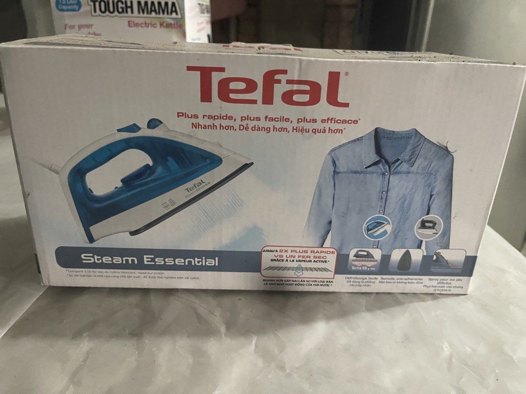 Tefal Steam Essential Iron (Category: Irons & Steamers) located in Dasmarinas. Submitted by ajmendoza4 (Listing ID 1469619903, Image 1). Description: Brand new/Unused for only 1,400 php Original Price 1.900 php - Brand: Tefal Steam Essential Iron (white & blue) - Condition: Excellent, comes with original box - Soleplate: Non-stick for smooth gliding - Performance: Continuous steam output for quick wrinkle removal - Reason for selling: Declutterin