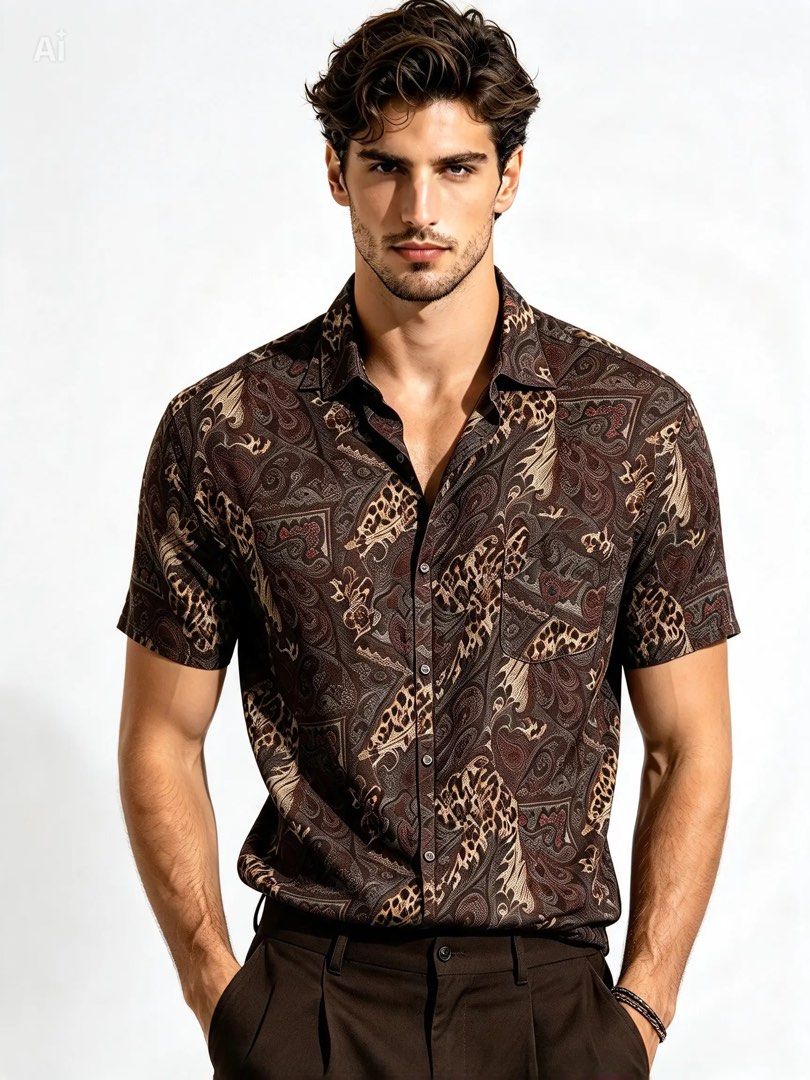 THAI SILK (Category: Tshirts & Polo Shirts ) located in Davao. Submitted by sart0ria85 (Listing ID 1469615292, Image 2). Description: - Brand: Thai Silk Collection - Size: XL - Color/Pattern: Brown, grey, and red with bold paisley and animal print - Features: Regular collar, single left chest pocket, lightweight material, MADE IN THAILAND 🇹🇭 XLARGE. Size 12 EXCELLENT CONDITION (92/100).