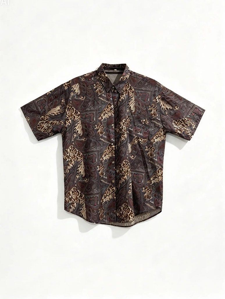 THAI SILK (Category: Tshirts & Polo Shirts ) located in Davao. Submitted by sart0ria85 (Listing ID 1469615292, Image 1). Description: - Brand: Thai Silk Collection - Size: XL - Color/Pattern: Brown, grey, and red with bold paisley and animal print - Features: Regular collar, single left chest pocket, lightweight material, MADE IN THAILAND 🇹🇭 XLARGE. Size 12 EXCELLENT CONDITION (92/100).