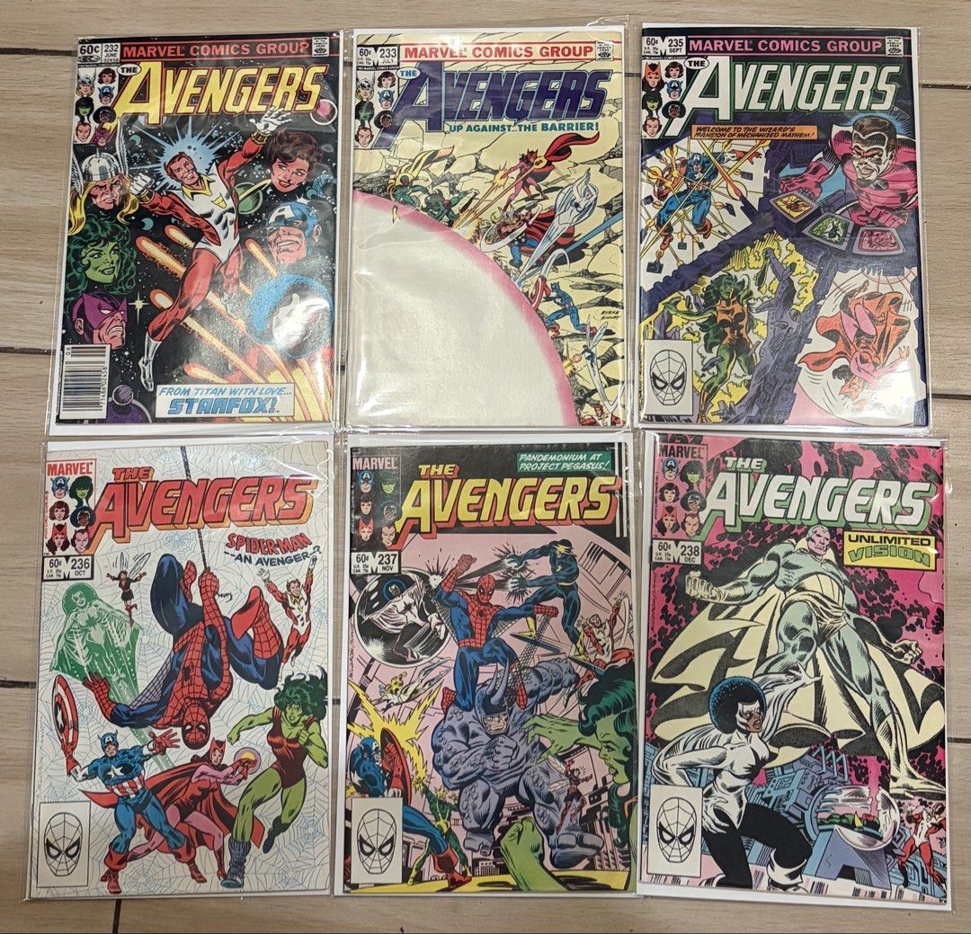 The Avengers Comic Books Issues 232, 233, 235, 236, 237, 238 (6 issues) (Category: Comics & Manga) located in Pasig City. Submitted by randomhobbiesandcollectibles (Listing ID 1469624693, Image 1). Description: - Lot of 6 classic Marvel Avengers comics (Issues #232, 233, 235, 236, 237, and 238) - includes first appearance of Eros as “Starfox” - notable appearances by popular characters like Spider-Man, and Rhino - All issues come bagged and board